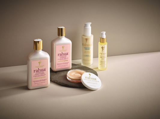Rahua curl edit products include Hydration Shampoo & conditioner, legendary amazon oil, control cream, open smoothing hair balm.