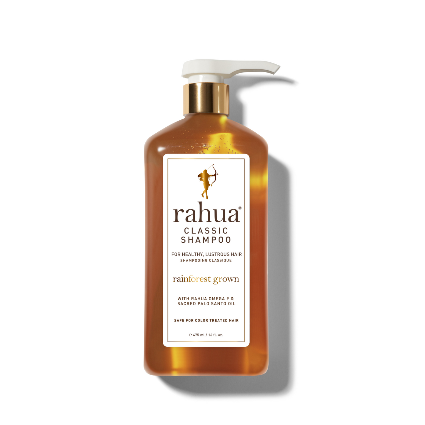 bottle of shampoo with gold cap on plain white background rahua classic shampoo 16 oz|variant:16-oz