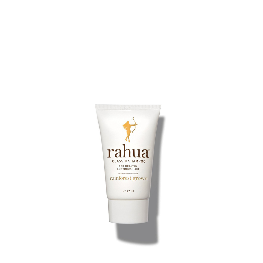 white tube of rahua classic shampoo with brown lettering on a plain white background 2 oz travel size travel friendly tsa safe and compliant|variant:074-oz