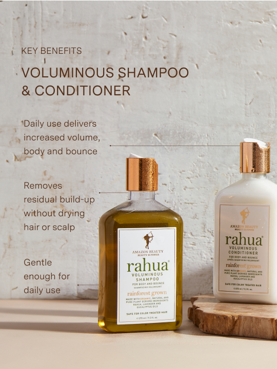 two bottles of rahua voluminous shampoo and conditioner on a stone textured background listing key benefits including increased volume and bounce, cleanse build up without drying hair or scalp and gentle for daily use|variant:074-oz