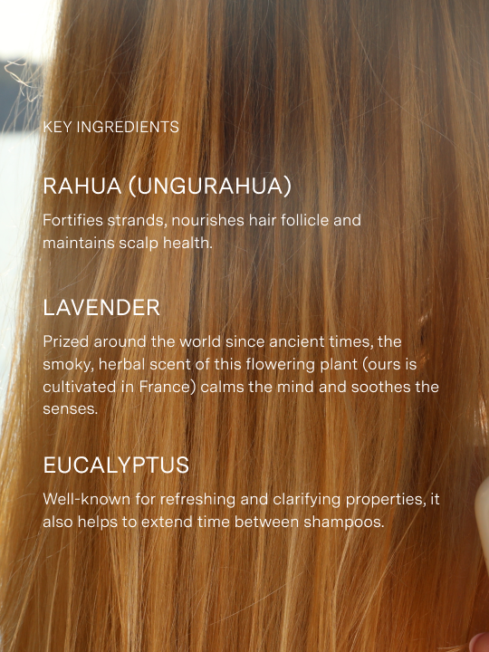 model with orange blonde hair listing key ingredients including rahua oil for nourishment, lavender for soothing and calming and eucalyptus for refreshing and clarifying|variant:93-oz
