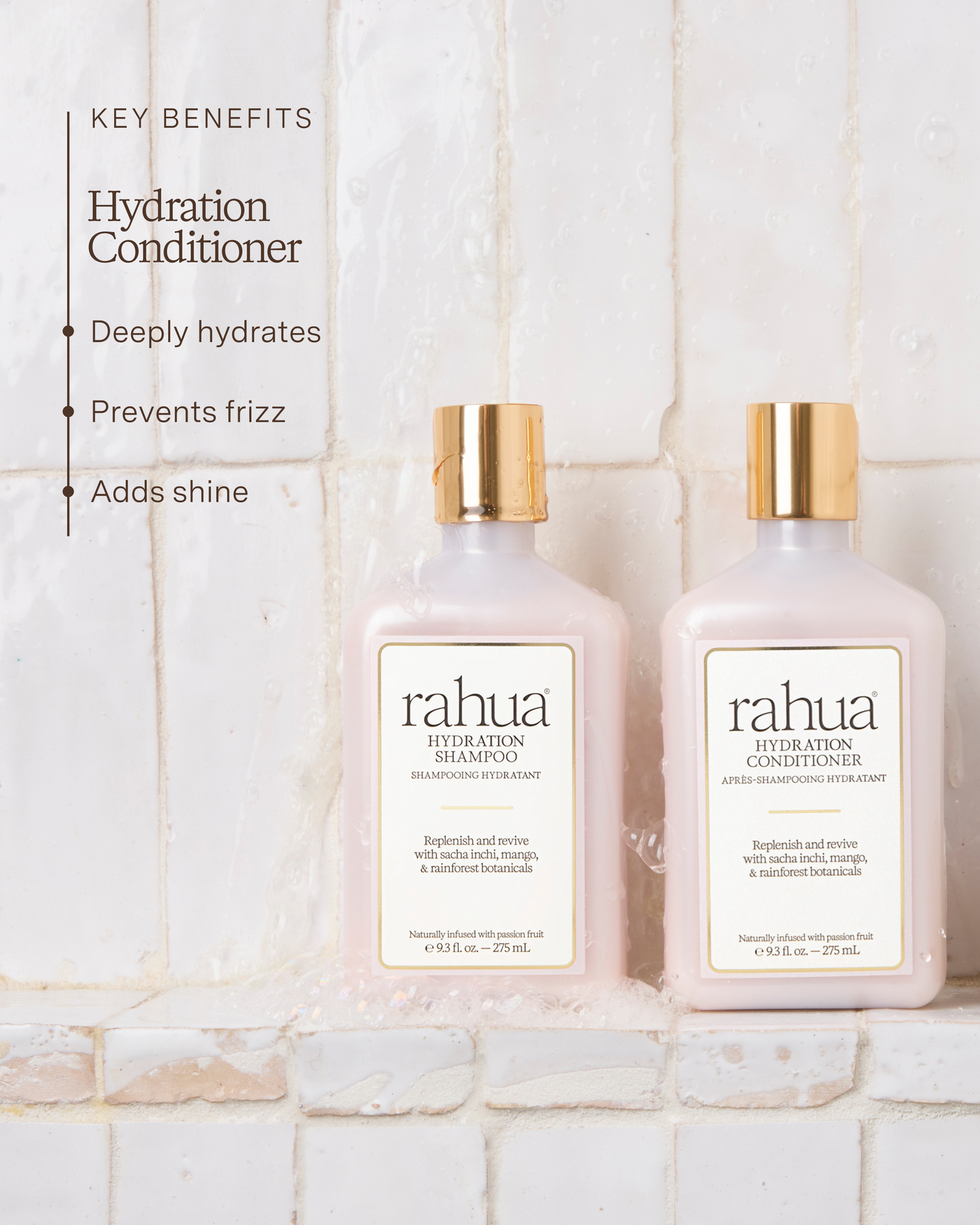 Two bottles of rahua Hydration Shampoo and Conditioner on a tiled wall background with key benefits listed.|variant:93-oz,18-oz