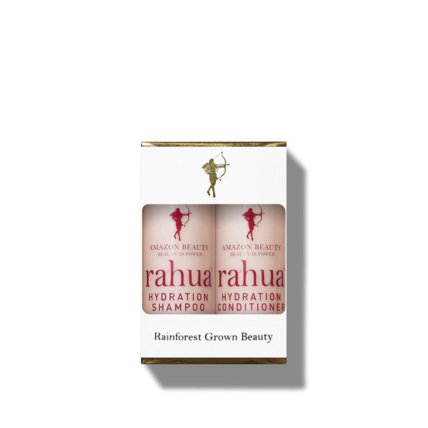 two pink bottles of rahua hydration shampoo and conditioner on a plain white background in a custom box|variant:2-oz