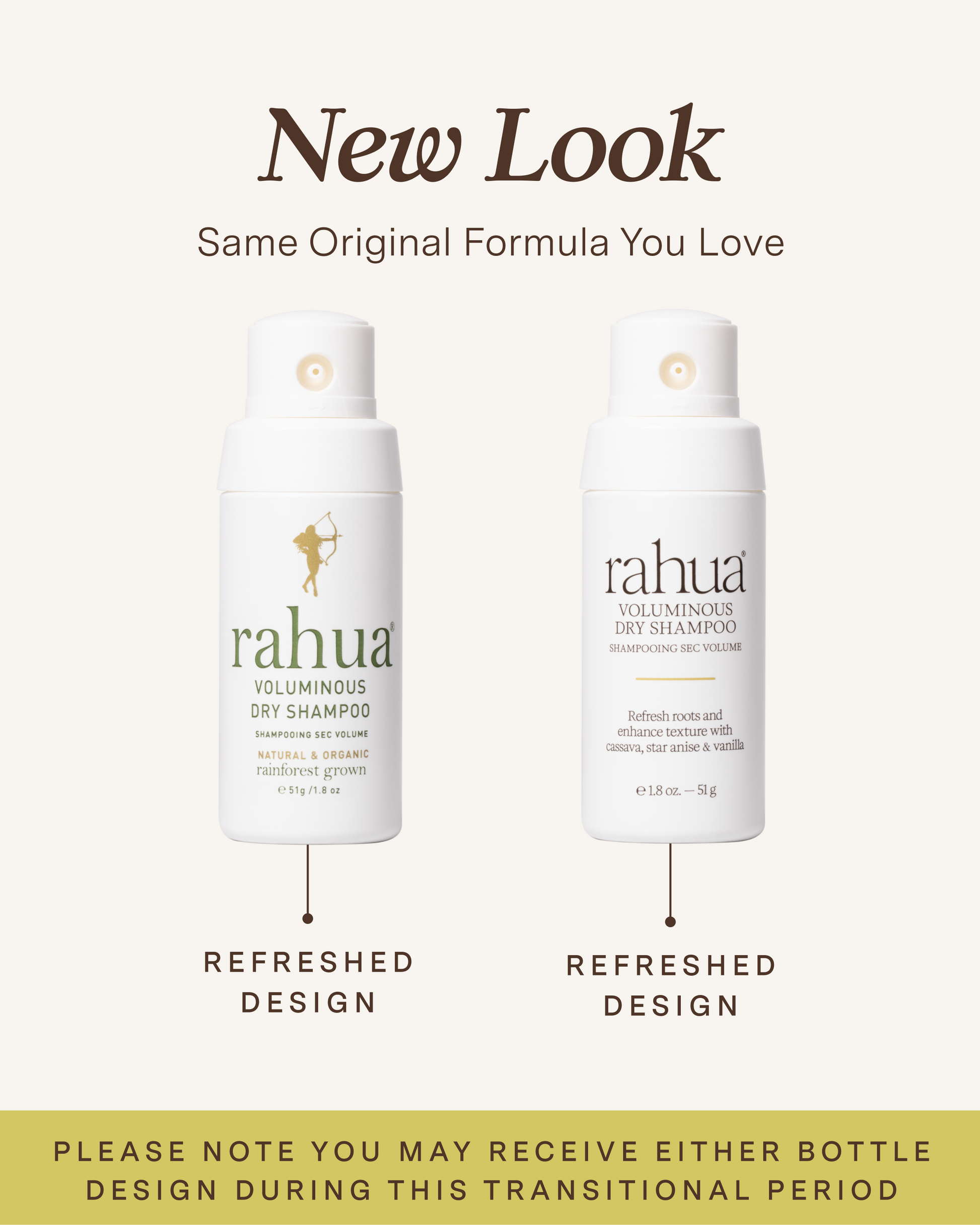 Two bottles of rahua voluminous dry shampoo with refreshed design on a white background.