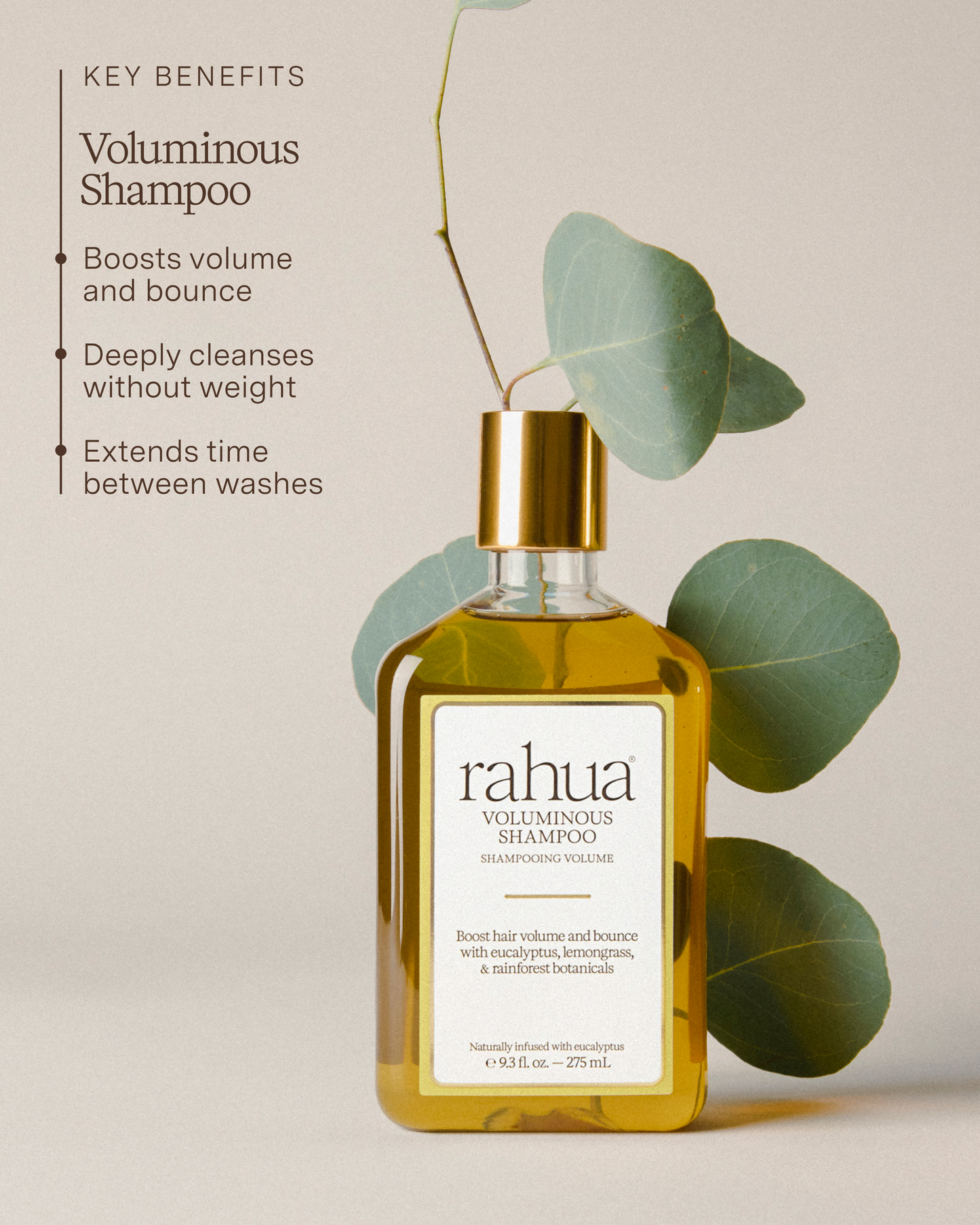 Voluminous Shampoo bottle with key benefits text on a light background|variant:93-oz,18-oz