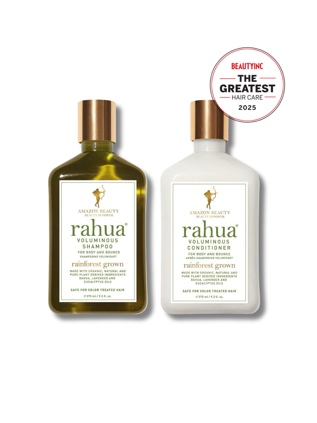 two bottles of rahua voluminous shampoo and conditioner with gold caps and white labels with green lettering. there's a sticker in the upper right with "beauty inc. the greatest hair care 2025"|variant:93-oz