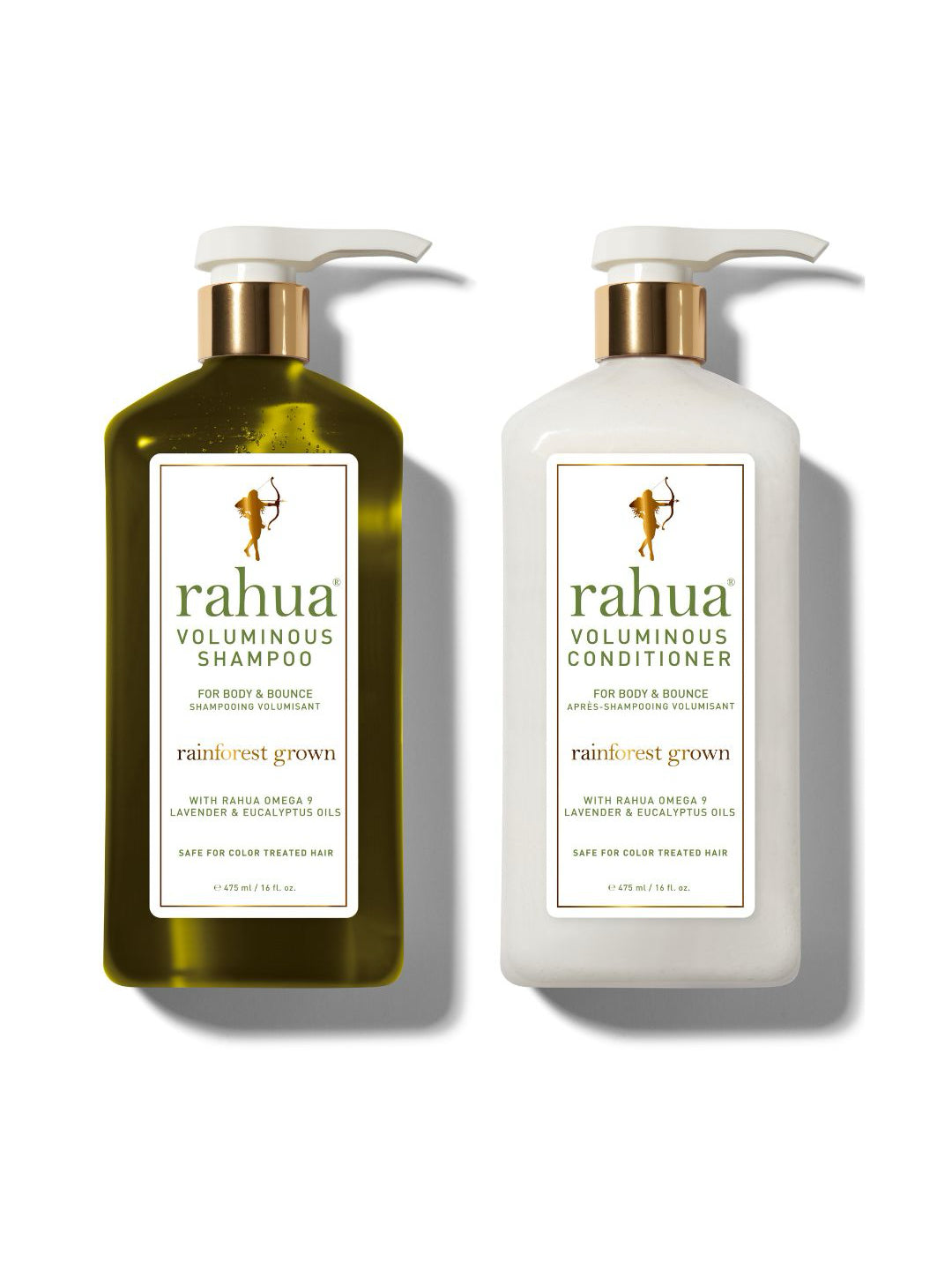 two 16 oz pump bottles of rahua voluminous shampoo and conditioner with gold caps and white labels with green lettering. there's a sticker in the upper right with "beauty inc. the greatest hair care 2025"|variant:16-oz