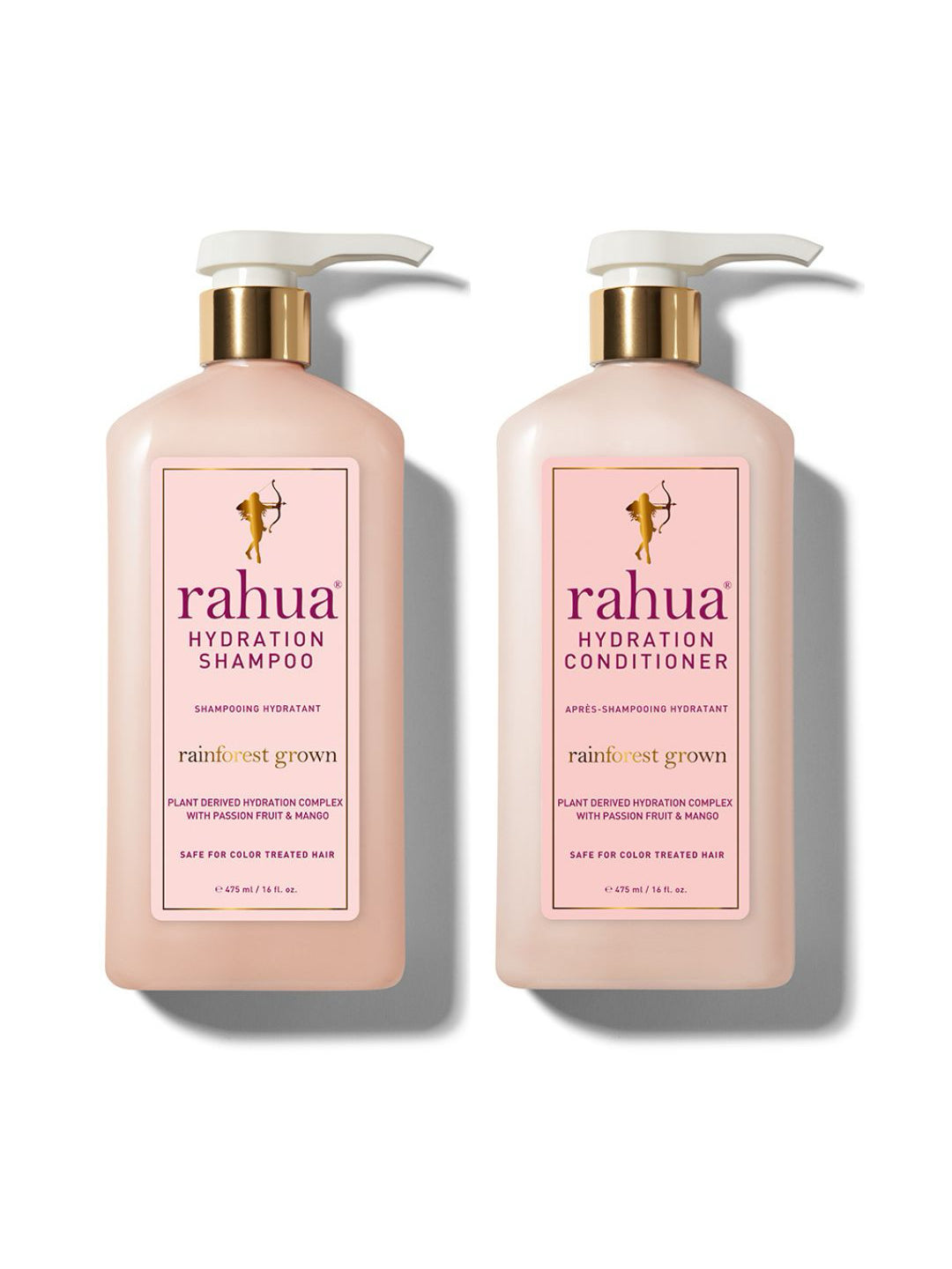 two pink bottles of rahua hydration shampoo and conditioner on a plain white background|variant:16-oz