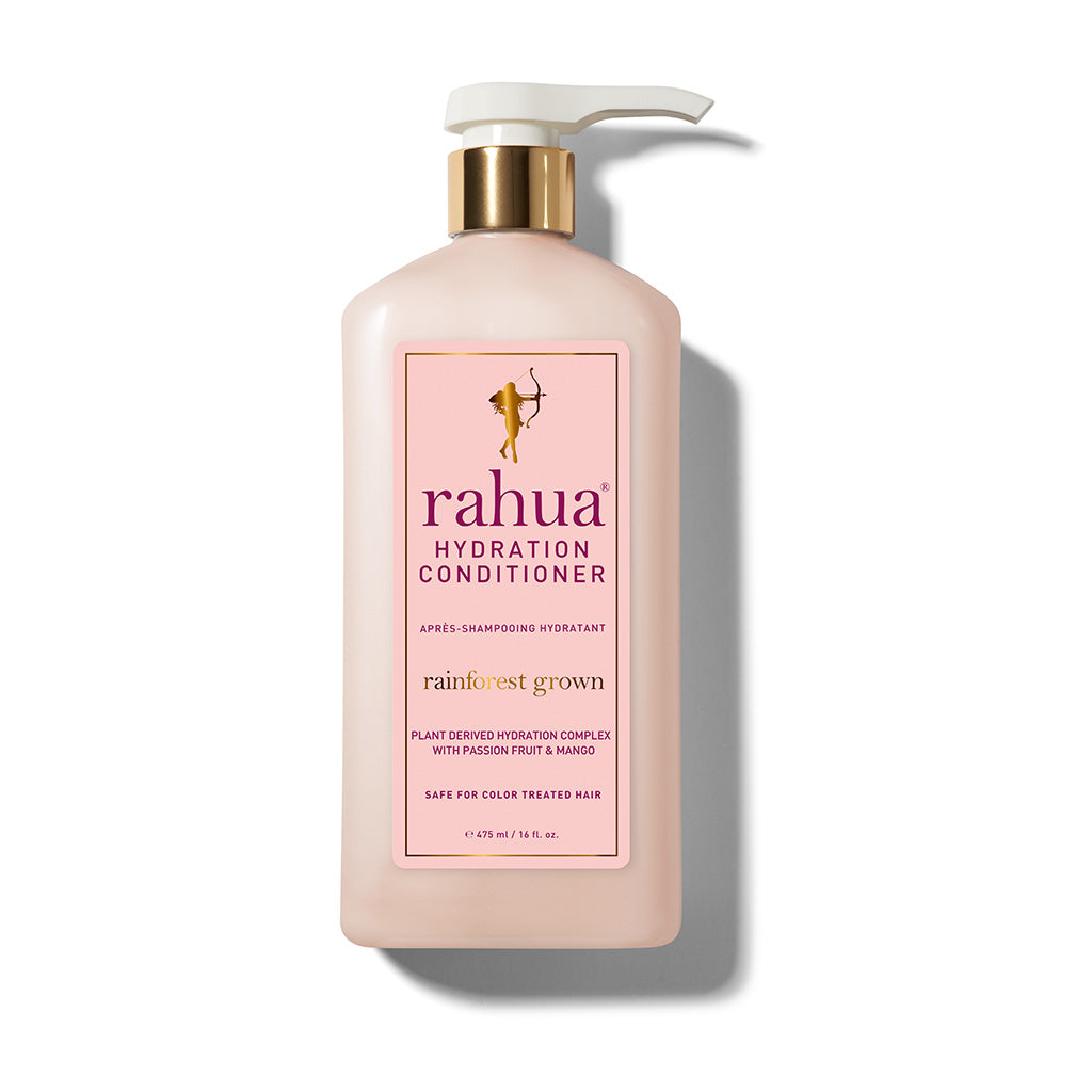 bottle of rahua hydration conditioner on a plain white background 16 oz plastic bottle with a gold collar and a pump|variant:16-oz