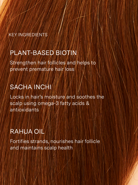 Text overlay on a close-up of brown hair with key ingredients for hair care|variant:074-oz