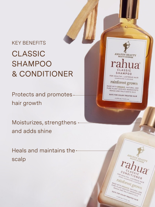two bottles of rahua classic shampoo and classic conditioner with two sticks of palo santo listing key benefits including protects and promotes hair growth, moisturizes, strengthens, heals and maintains scalp|variant:074-oz