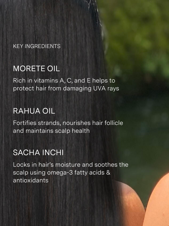 Close-up of dark hair with text detailing key ingredients and their benefits|variant:2-oz
