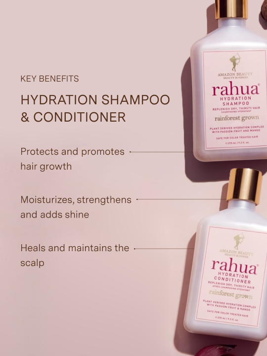 key benefits of hydration shampoo and conditioner including hair growth, moisturizing, and healing the scalp on a pink background|variant:93-oz