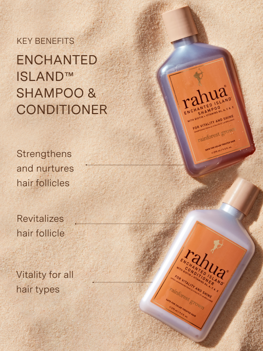 Two bottles of rahua Enchanted Island Shampoo and Conditioner on a beige background with text highlighting key benefits|variant:93-oz
