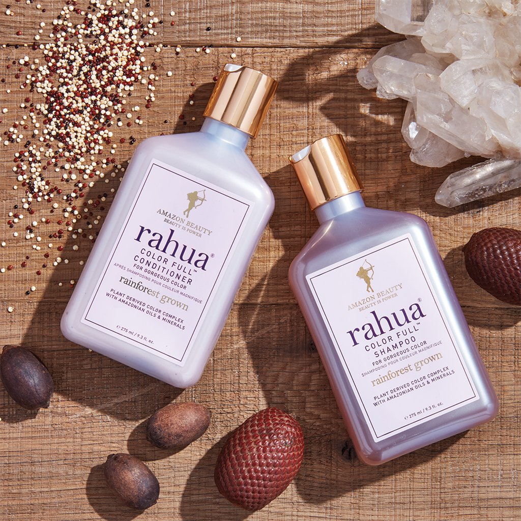 Rahua Color full Shampoo and Color full conditioner bottle with natural ingredients morete seeds, rahua seeds, sea salt cubes